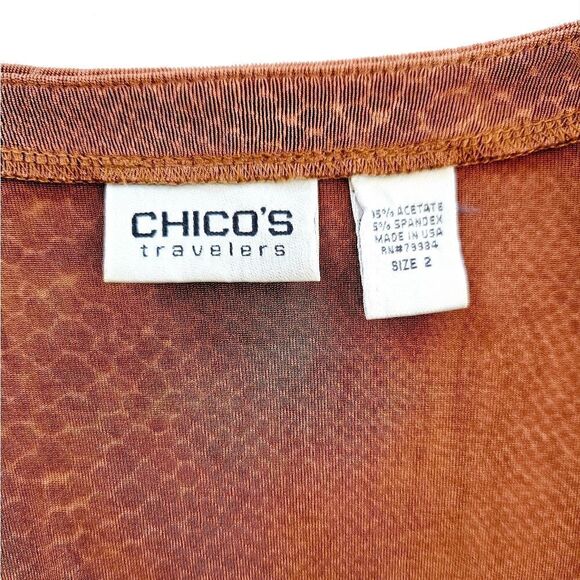 Chico's Travelers Wrap Snake Print V-Neck 3/4 Sleeve Top Blouse in Rust Brown L - Picture 4 of 7